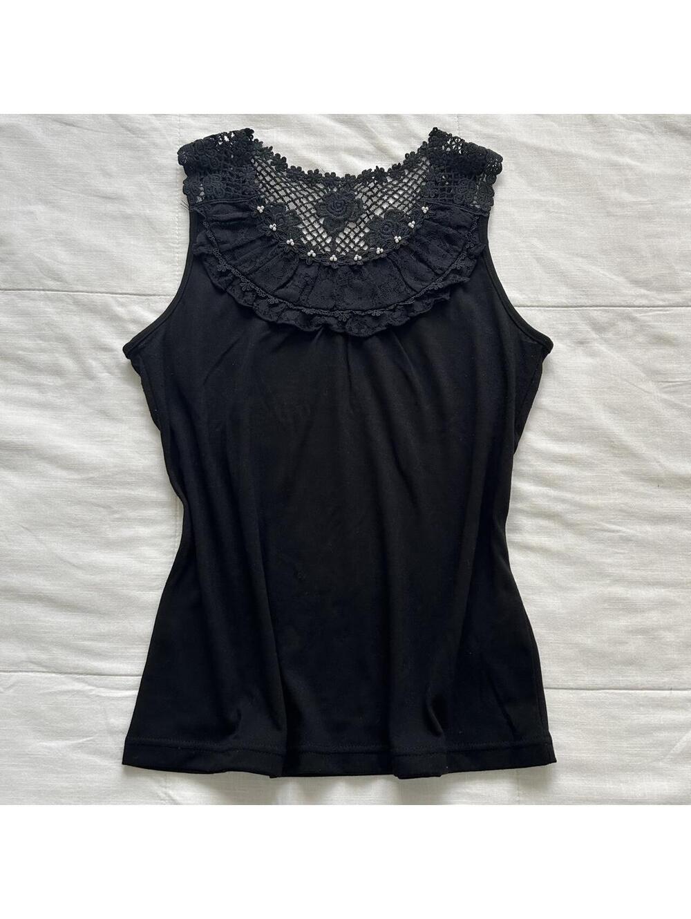 Axes Femme Black Sleeveless Top Crochet Lace Ruffle Pearl Medium